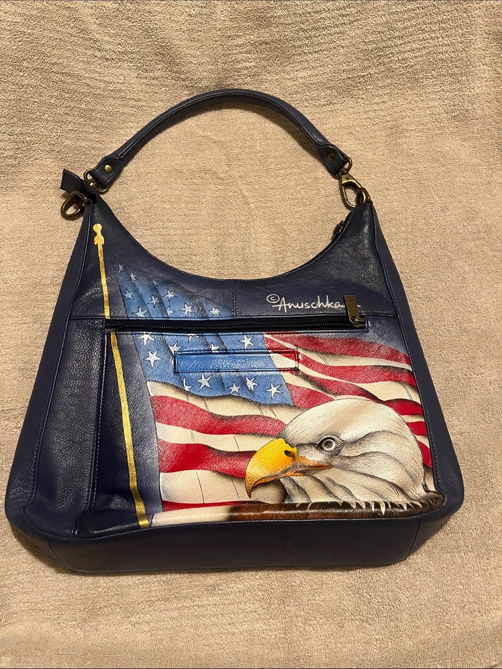 Anuschka Navy Hand-Painted Eagle & American Flag Shoulder Bag